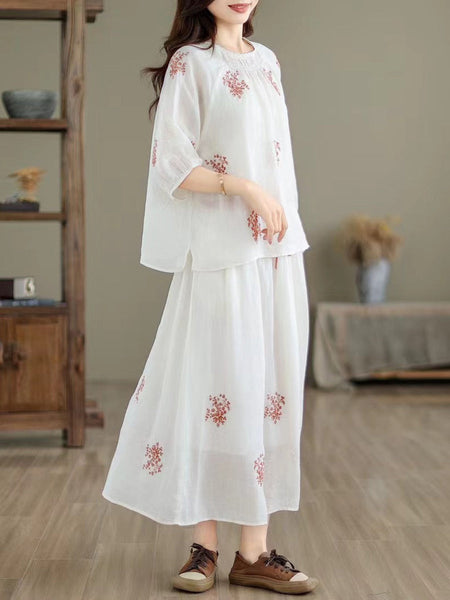 Women Artsy Summer Embroidery Ramie Shirt+Skirt XX1037 Ada Fashion