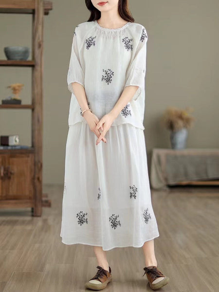 Women Artsy Summer Embroidery Ramie Shirt+Skirt XX1037 Ada Fashion