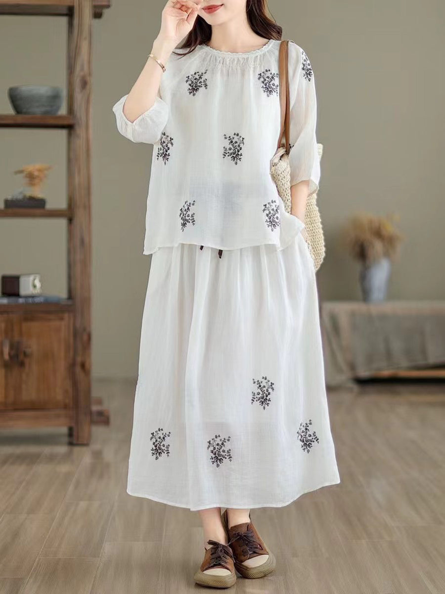 Women Artsy Summer Embroidery Ramie Shirt+Skirt XX1037 Ada Fashion