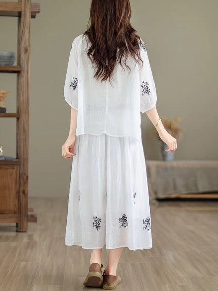 Women Artsy Summer Embroidery Ramie Shirt+Skirt XX1037 Ada Fashion