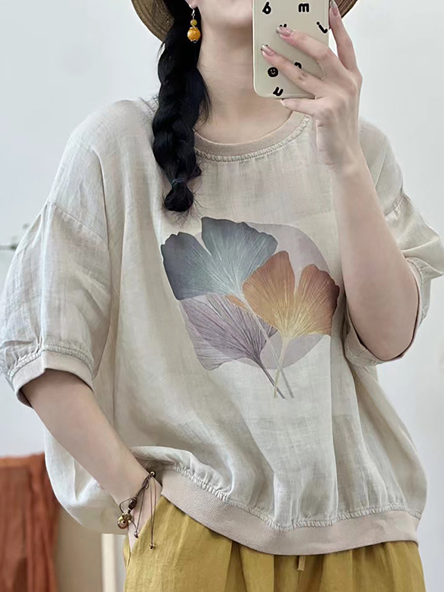 Women Summer Leaf Ramie Thin Pullover Shirt XX1039 Ada Fashion