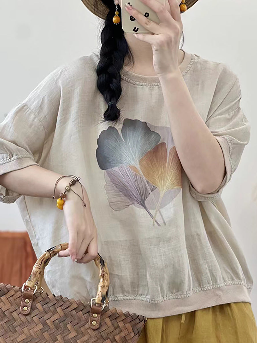 Women Summer Leaf Ramie Thin Pullover Shirt XX1039 Ada Fashion