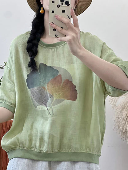 Women Summer Leaf Ramie Thin Pullover Shirt XX1039 Ada Fashion