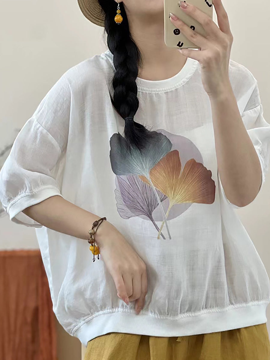 Women Summer Leaf Ramie Thin Pullover Shirt XX1039 Ada Fashion