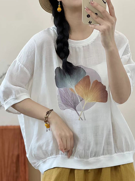 Women Summer Leaf Ramie Thin Pullover Shirt XX1039 Ada Fashion