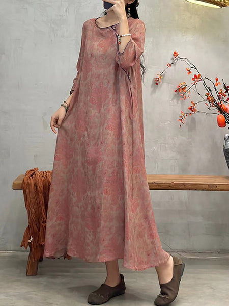 Women Artsy Summer Flower O-Neck Loose Dress XX1040 Ada Fashion