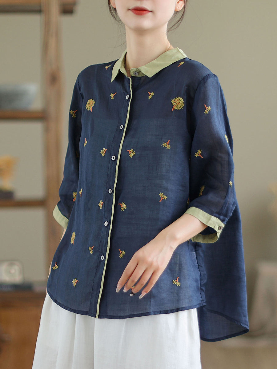 Women Spring Artsy Embroidery Colorblock Ramie Shirt XX1044 Ada Fashion