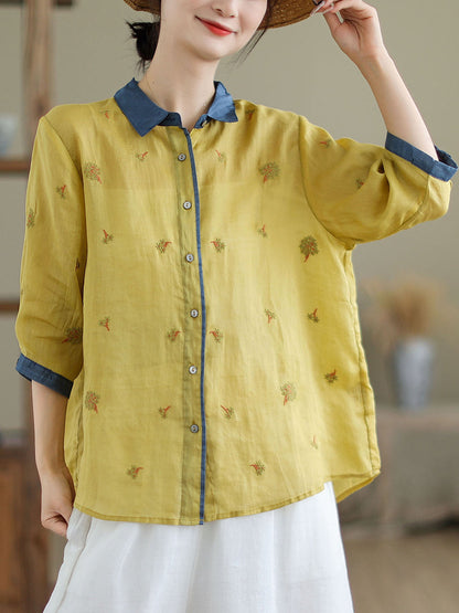 Women Spring Artsy Embroidery Colorblock Ramie Shirt XX1044 Ada Fashion