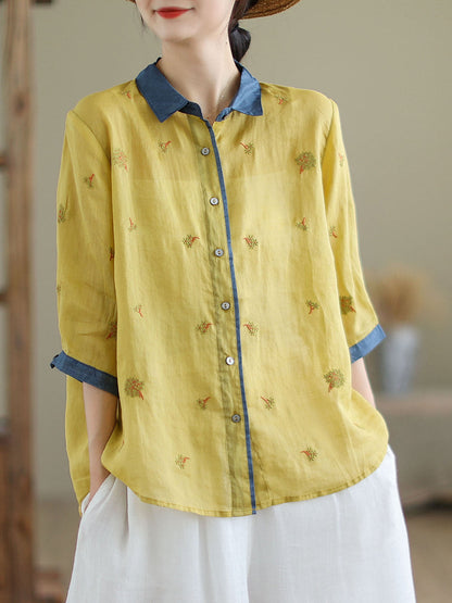 Women Spring Artsy Embroidery Colorblock Ramie Shirt XX1044 Ada Fashion