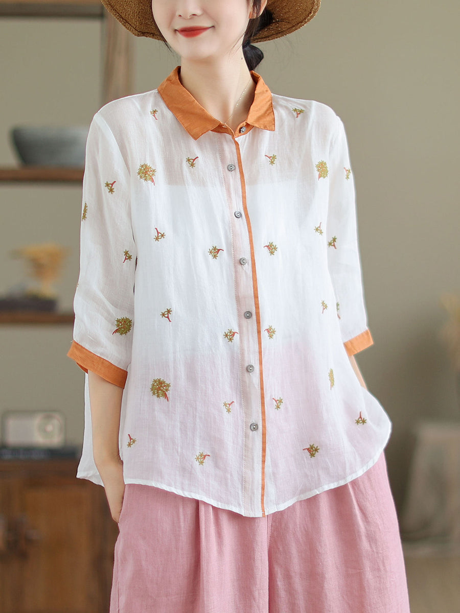 Women Spring Artsy Embroidery Colorblock Ramie Shirt XX1044 Ada Fashion