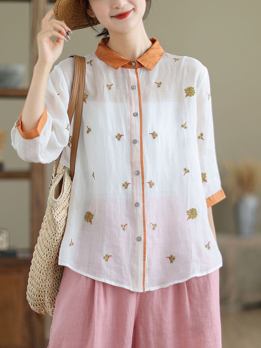 Women Spring Artsy Embroidery Colorblock Ramie Shirt XX1044 Ada Fashion