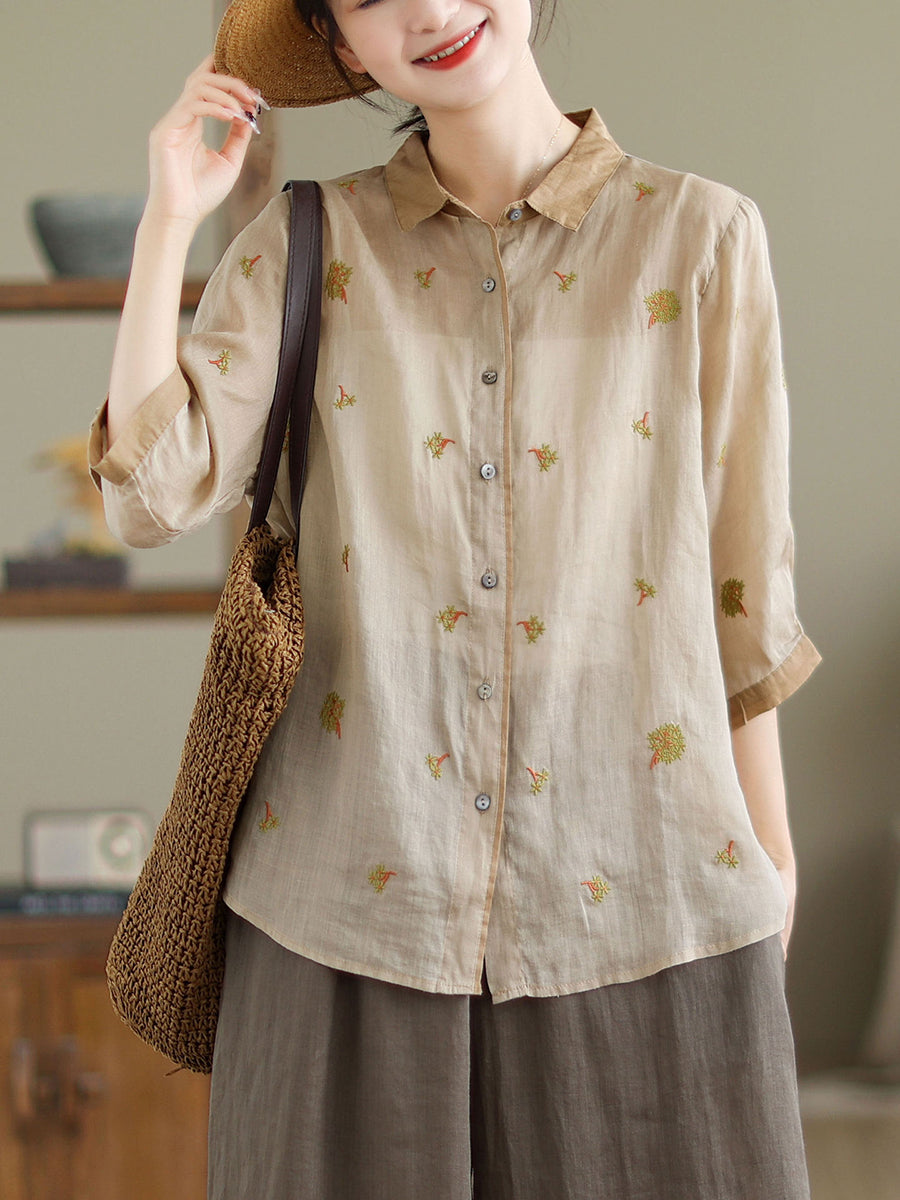 Women Spring Artsy Embroidery Colorblock Ramie Shirt XX1044 Ada Fashion