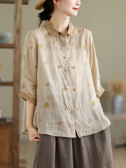 Women Spring Artsy Embroidery Colorblock Ramie Shirt XX1044 Ada Fashion