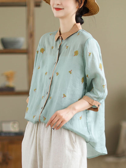 Women Spring Artsy Embroidery Colorblock Ramie Shirt XX1044 Ada Fashion