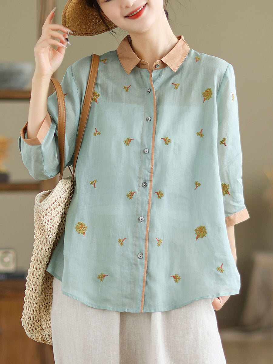 Women Spring Artsy Embroidery Colorblock Ramie Shirt XX1044 Ada Fashion