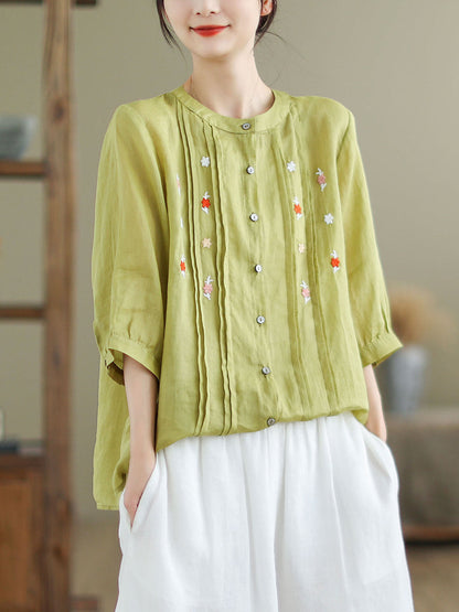 Women Summer Artsy Floral Embroidery Ramie Shirt XX1043 Ada Fashion