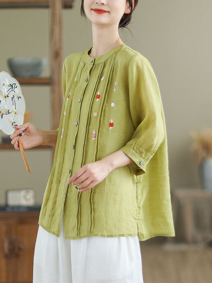 Women Summer Artsy Floral Embroidery Ramie Shirt XX1043 Ada Fashion