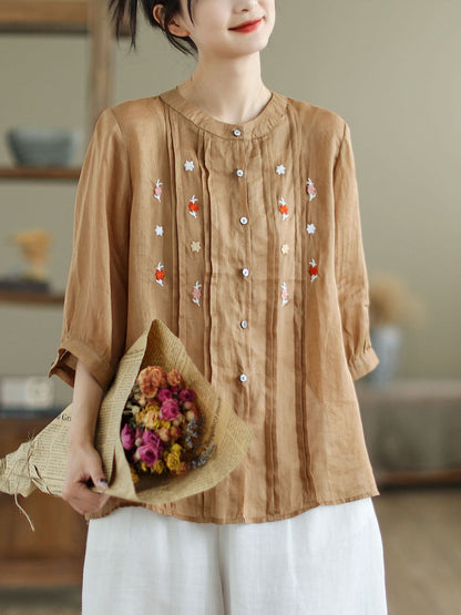 Women Summer Artsy Floral Embroidery Ramie Shirt XX1043 Ada Fashion