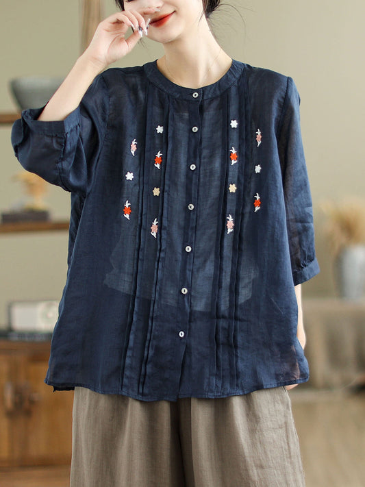 Women Summer Artsy Floral Embroidery Ramie Shirt XX1043 Ada Fashion