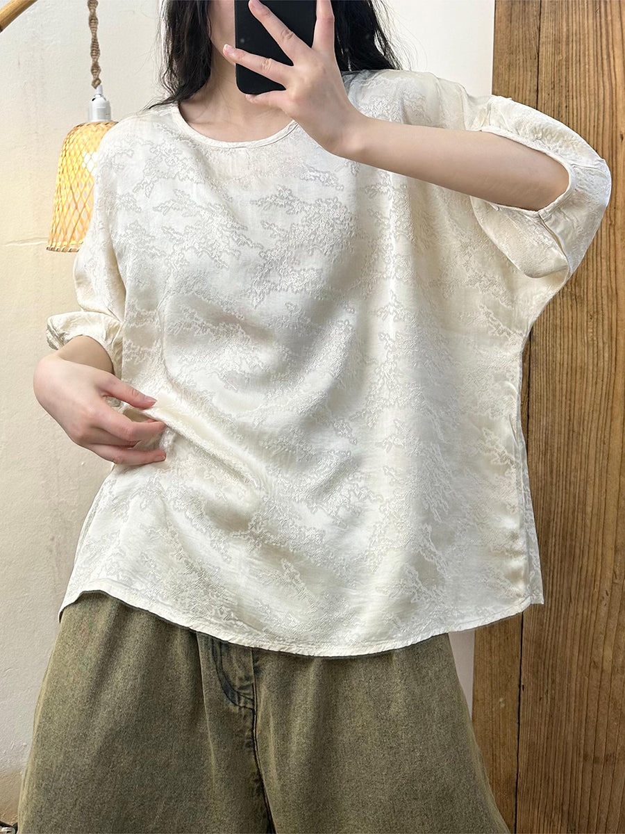 Women Vintage Summer Jacquard O-Neck Loose Shirt XX1056 Ada Fashion