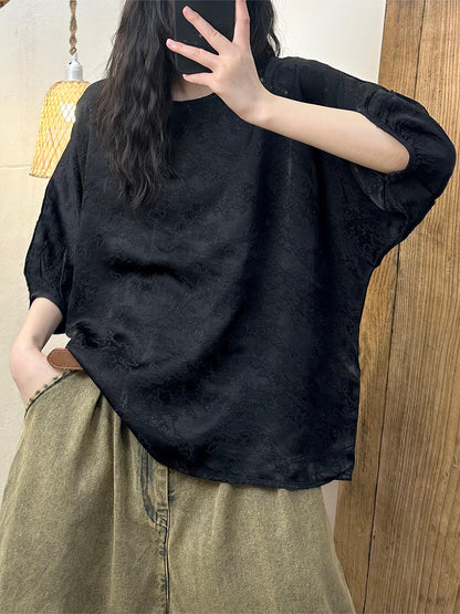 Women Vintage Summer Jacquard O-Neck Loose Shirt XX1056 Ada Fashion