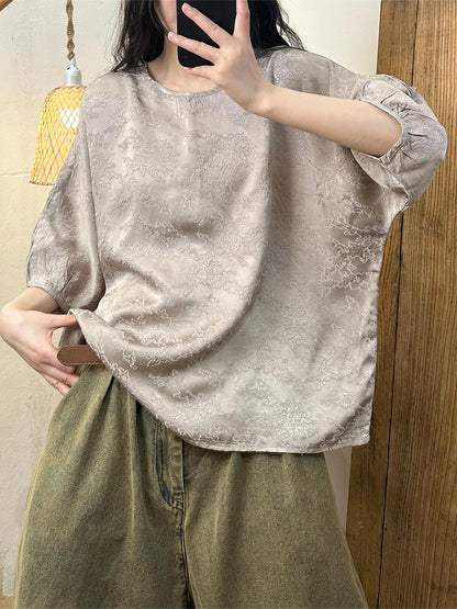 Women Vintage Summer Jacquard O-Neck Loose Shirt XX1056 Ada Fashion