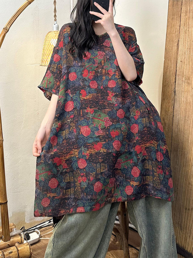 Plus Size Women Summer Retro Flower Cotton Dress XX1061 Ada Fashion