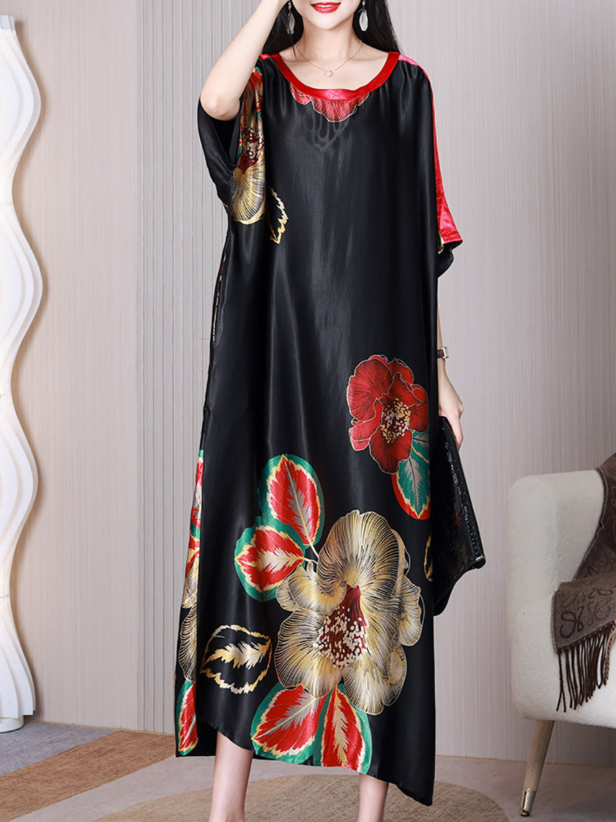 Women Summer Elegant Flower Silk Loose Dress XX1003 Ada Fashion