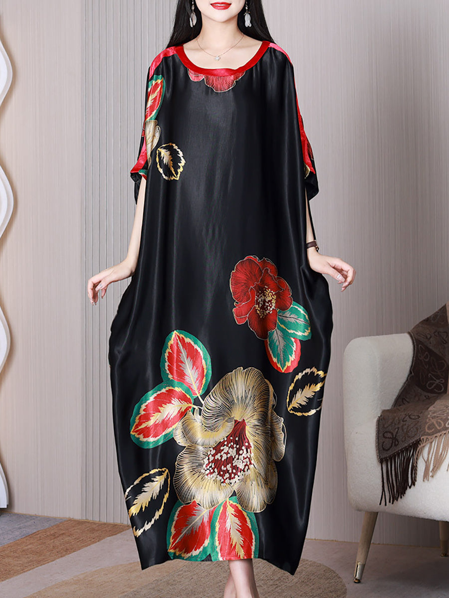 Women Summer Elegant Flower Silk Loose Dress XX1003 Ada Fashion