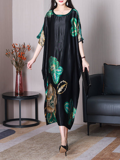 Women Summer Elegant Flower Silk Loose Dress XX1003 Ada Fashion