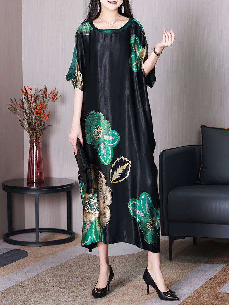 Women Summer Elegant Flower Silk Loose Dress XX1003 Ada Fashion