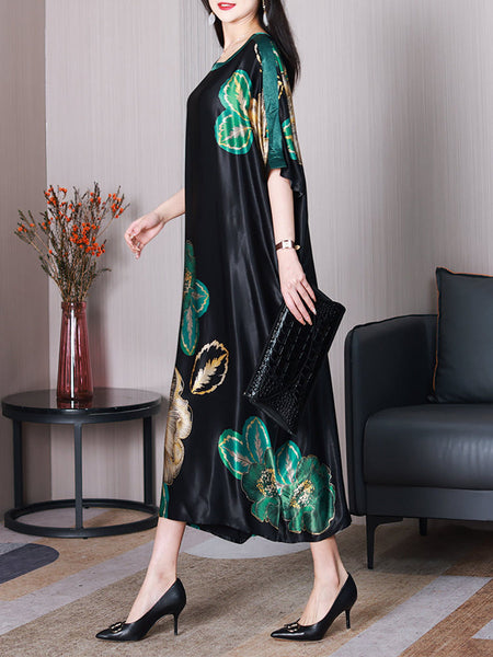 Women Summer Elegant Flower Silk Loose Dress XX1003 Ada Fashion