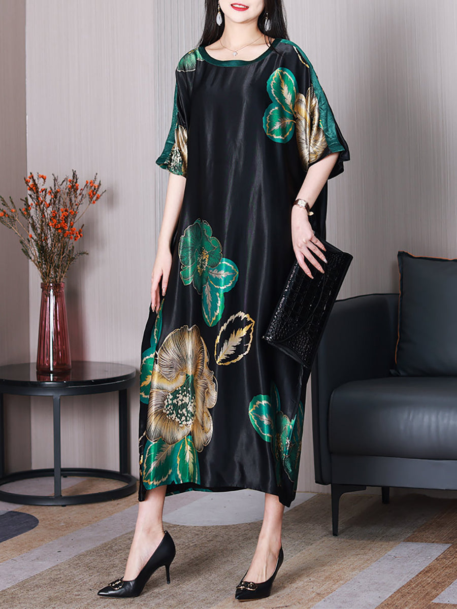 Women Summer Elegant Flower Silk Loose Dress XX1003 Ada Fashion