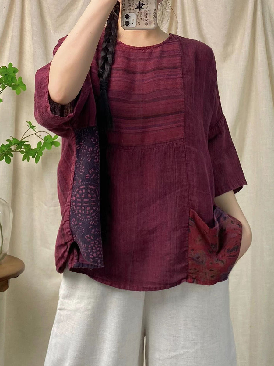 Women Summer Retro Spliced Linen O-Neck Shirt XX1007 Ada Fashion