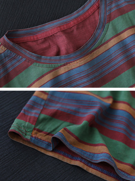 Women Casual Stripe Summer O-Neck Cotton Shirt XX1010 Ada Fashion