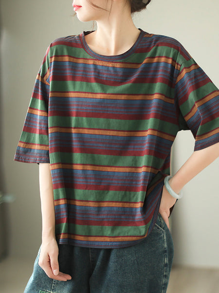 Women Casual Stripe Summer O-Neck Cotton Shirt XX1010 Ada Fashion