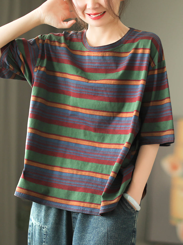 Women Casual Stripe Summer O-Neck Cotton Shirt XX1010 Ada Fashion