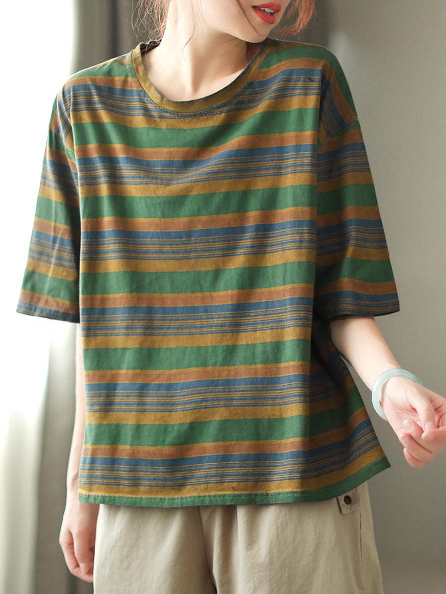 Women Casual Stripe Summer O-Neck Cotton Shirt XX1010 Ada Fashion