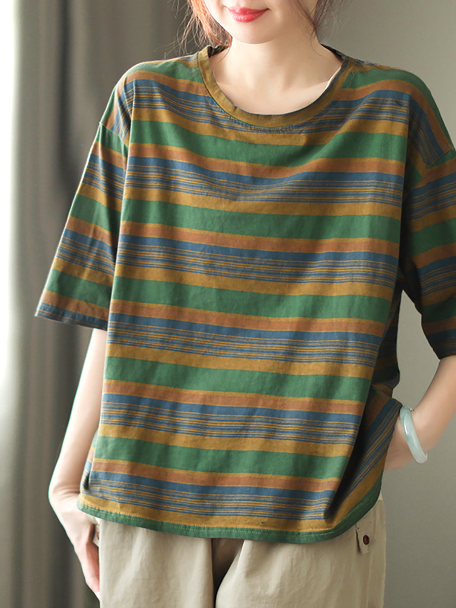 Women Casual Stripe Summer O-Neck Cotton Shirt XX1010 Ada Fashion