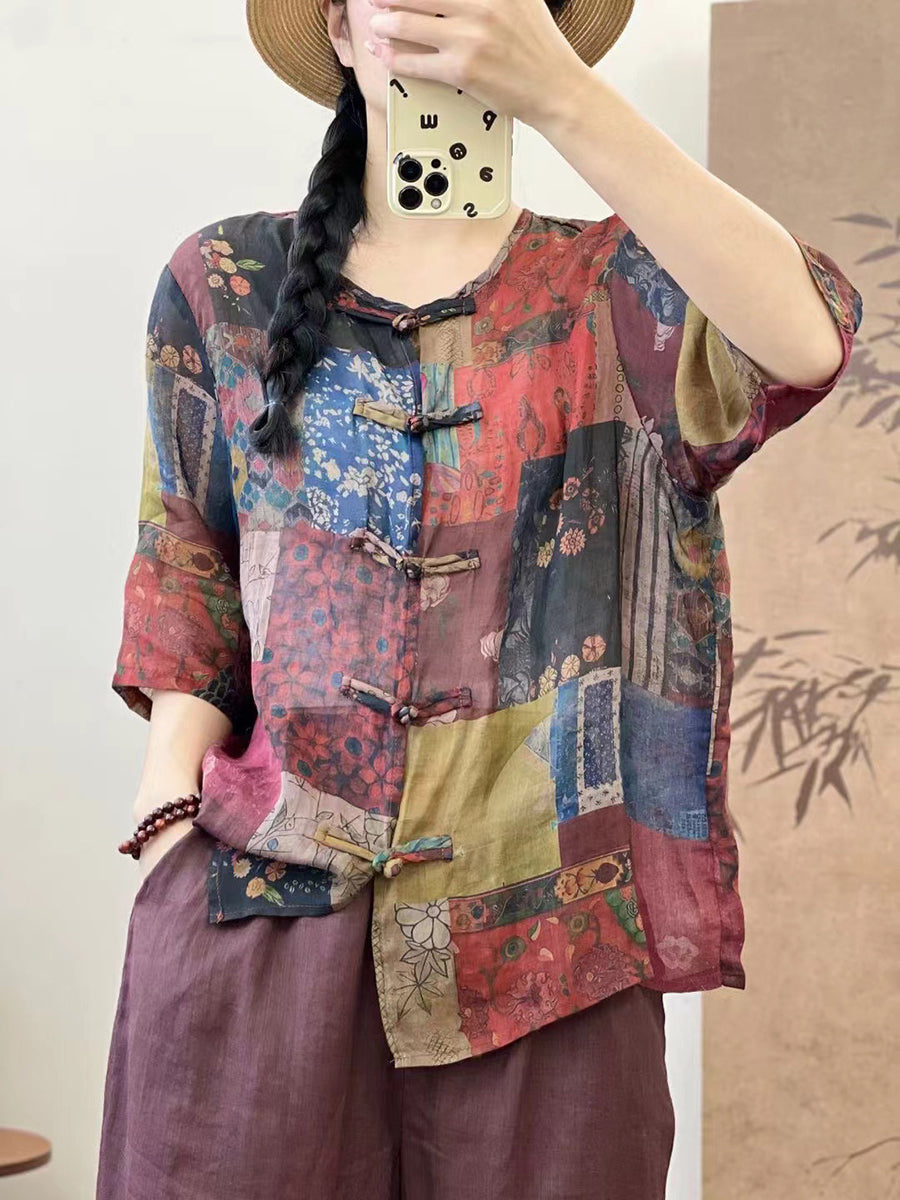 Women Vintage Summer Spliced Button-up Ramie Shirt XX1013 Ada Fashion