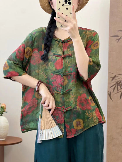 Women Vintage Summer Spliced Button-up Ramie Shirt XX1013 Ada Fashion