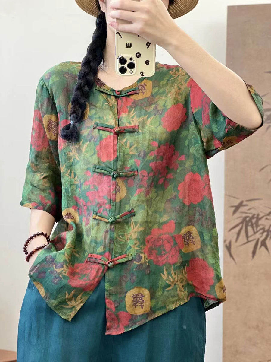 Women Vintage Summer Spliced Button-up Ramie Shirt XX1013 Ada Fashion