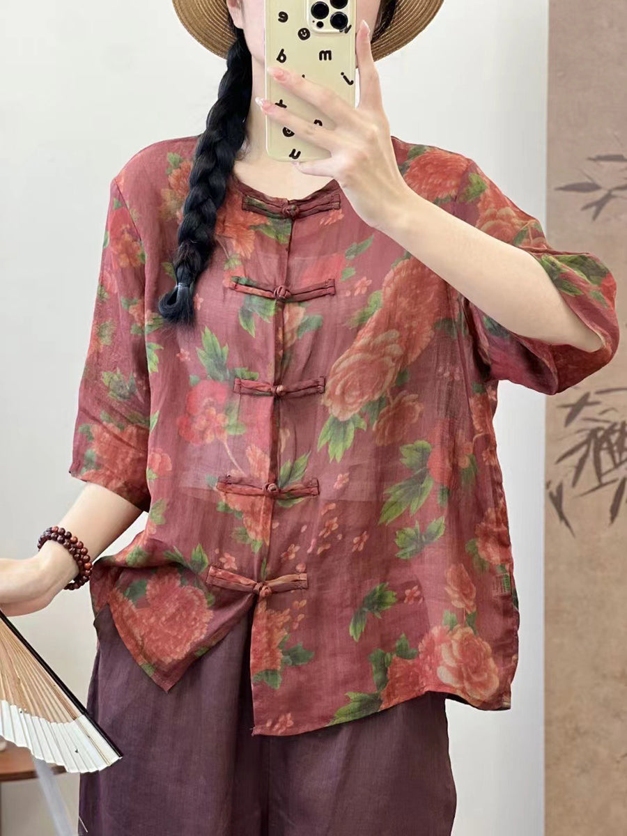 Women Vintage Summer Spliced Button-up Ramie Shirt XX1013 Ada Fashion