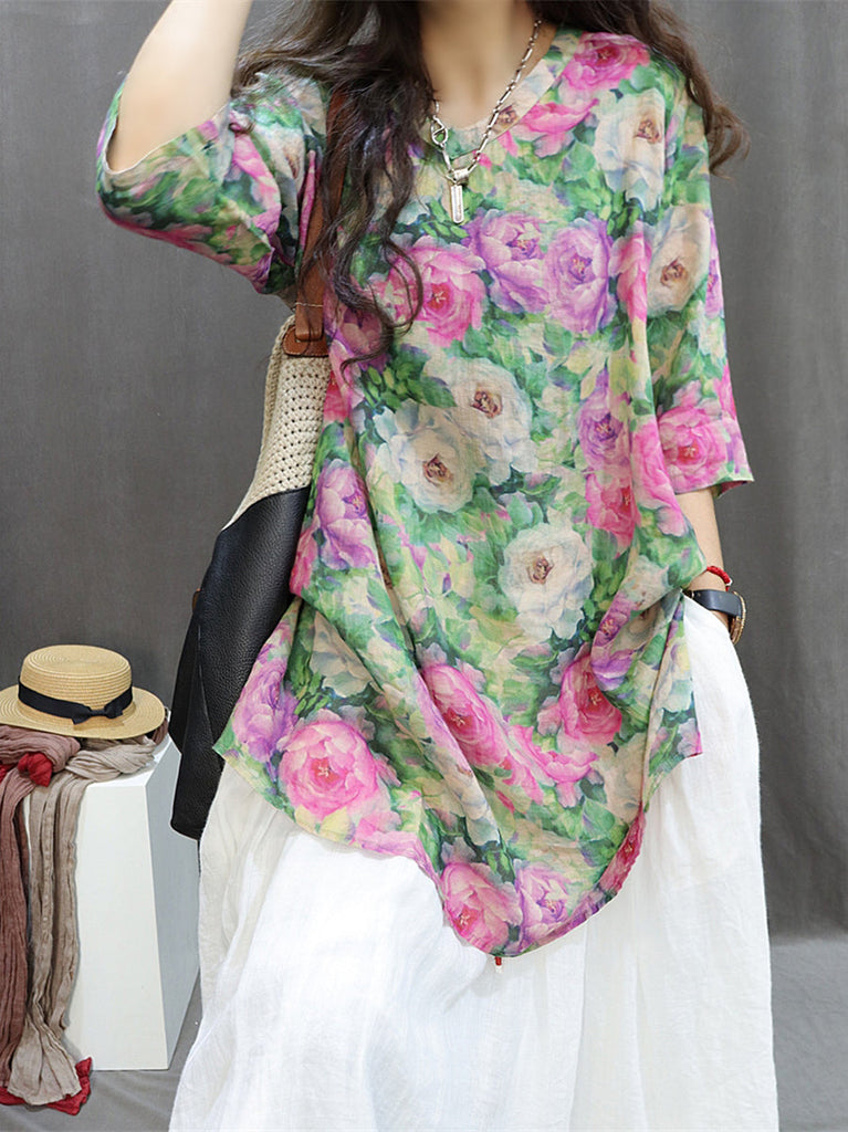 Women Summer Artsy Floral Ramie Loose Long Shirt XX1015 Ada Fashion