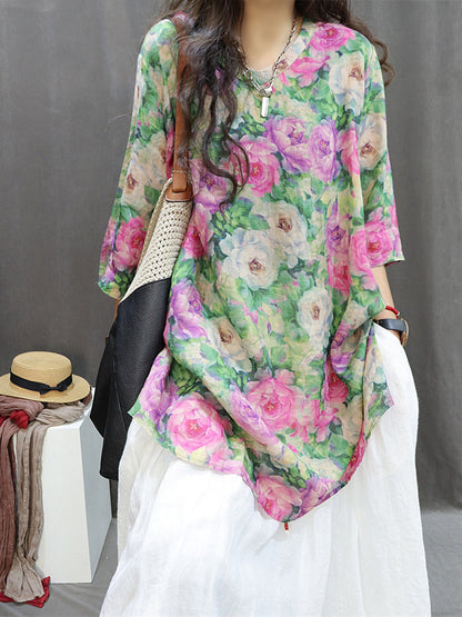 Women Summer Artsy Floral Ramie Loose Long Shirt XX1015 Ada Fashion