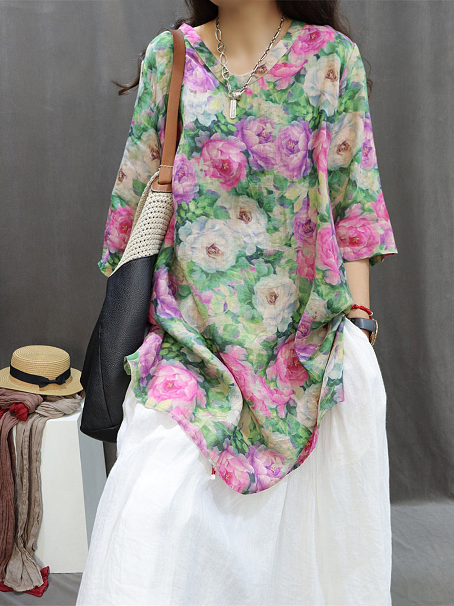 Women Summer Artsy Floral Ramie Loose Long Shirt XX1015 Ada Fashion