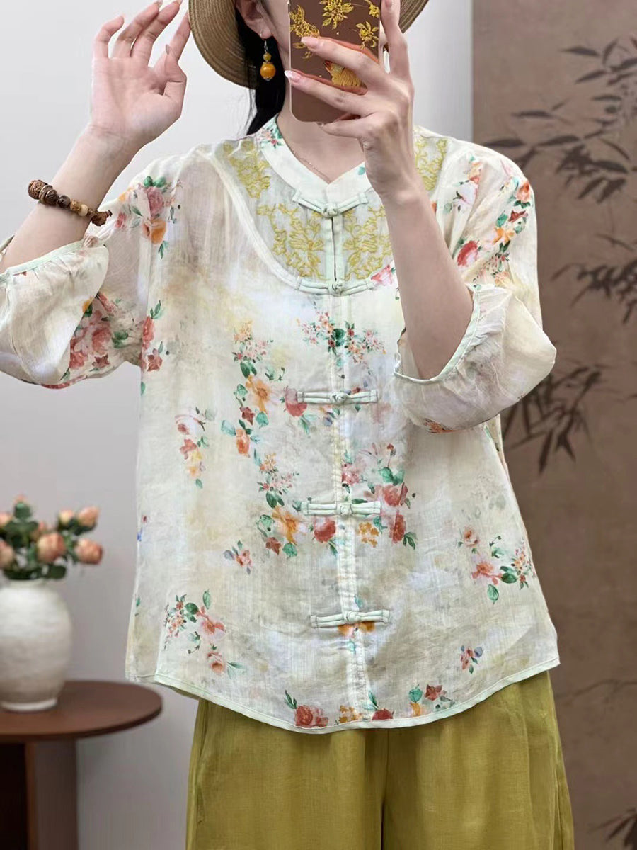 Women Summer Ethnic Flower Spliced Ramie Shirt XX1016 Ada Fashion