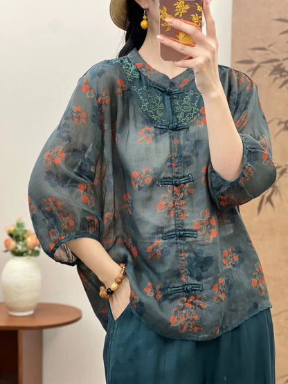 Women Summer Ethnic Flower Spliced Ramie Shirt XX1016 Ada Fashion