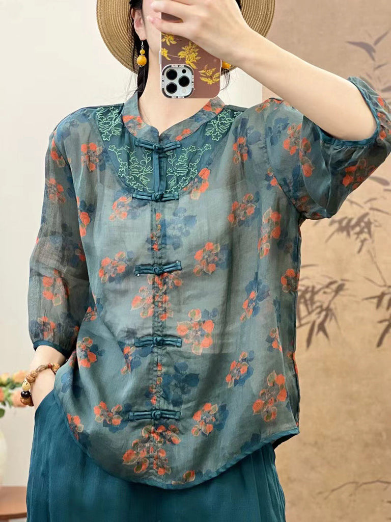 Women Summer Ethnic Flower Spliced Ramie Shirt XX1016 Ada Fashion