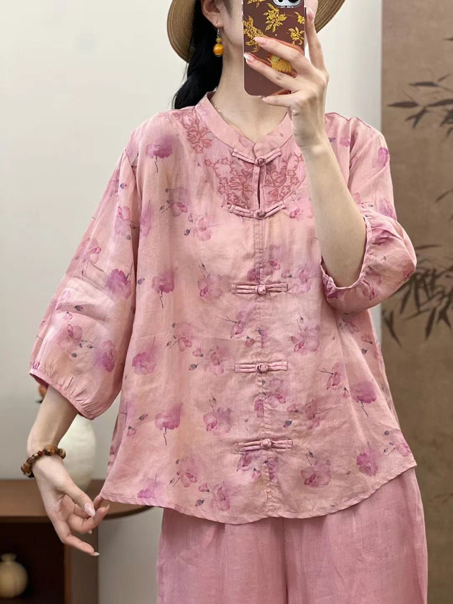 Women Summer Ethnic Flower Spliced Ramie Shirt XX1016 Ada Fashion